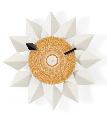 Weiße Diamond Markers Clock Wanduhr von Vitra mit orangefarbenem Zifferblatt und geometrischem Design.